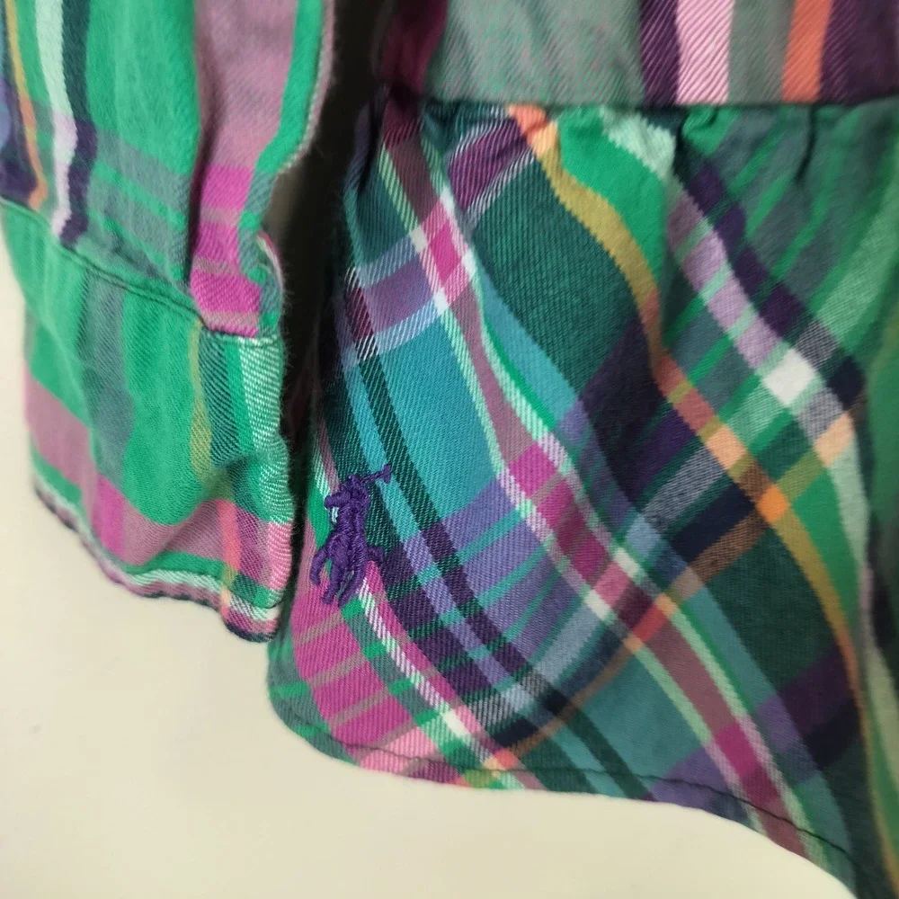 Ralph Lauren Plaid Tiered Shirt Dress Size 7 Girls Green Pink Preppy Button Up